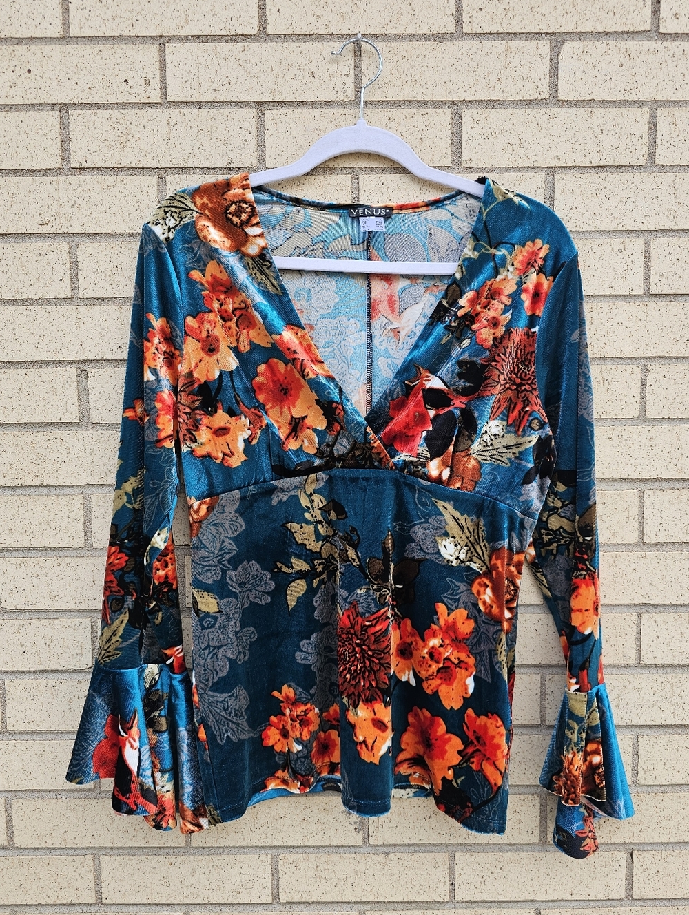 VENUS Teal Floral Velvet Wrap Blouse with Orange Red Blooms